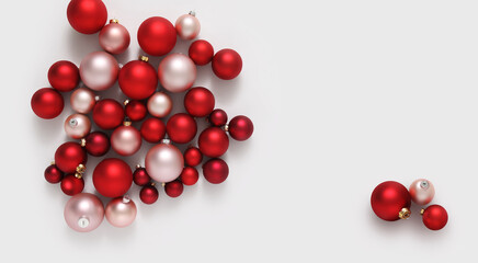 Christmas decorations, pile of glass red colored balls isolated on white, useful as a greeting gift card background
