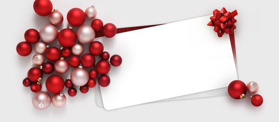 greeting gift card, christmas decorations, top view of red balls, isolated on white background