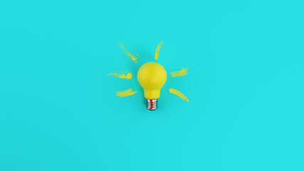 Yellow lightbulb on cyan background. Concept of creativity and idea
