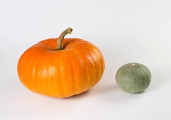 Big orange and small green pumpkins on white background.