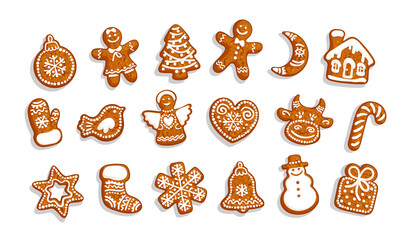 Christmas and New Year seamless pattern. Silhouette of traditional Christmas gingerbread cookies and snowflakes on white background. Vector illustration.