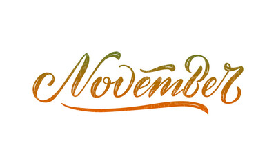 Vector illustration of november lettering for banner, signage, poster, greeting card, shop advertisement, souvenirs, calendar design. Handwritten red isolated word with texture 

