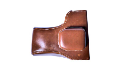 close up of brown camera case isolated on white background