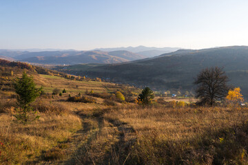 Road to Urych village in autumn, Lviv Region, Carpathian mountains, Ukraine