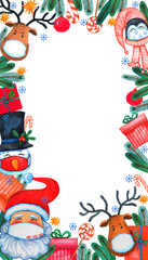 Cartoon faces in mask frame. Christmas cute illustration. Santa, polar beer, deer, snowman, winter holiday. Greeting, card, background