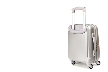 Bag travel. Silver travel plastic suitcase or vacation baggage bag isolated on white background. Copy space of summer vacation and business travel concept.