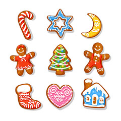 Fototapeta premium Set of Christmas and New Year gingerbread cookies. Traditional sugar coated cookies. Cartoon hand drawn vector illustration isolated on white background.
