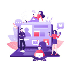 Social media people. Digital marketing illustration. Digital communication. Photo frame. Social media people in cartoon style. Isometric vector illustration.