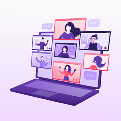 Flat illustration. Video conference. Video call between friends, chatting online by mobile app. Stay at home, work, communication remotely. Vector illustration.