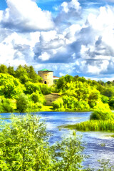 View from river on old tower among trees colorful painting looks like picture.