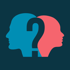 Silhouette of man and woman head with question mark, symbolizing psychological processes of understanding. Vector flat illustration.