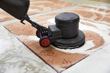 Carpet chemical cleaning with professionally disk machine. Early spring cleaning or regular clean...