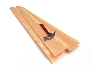 Wooden boards and hammer, 3D rendering