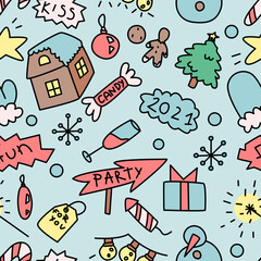 Handdrawn doddle Christmas and New Year party seamles pattern. 
