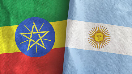 Argentina and Ethiopia two flags textile cloth 3D rendering