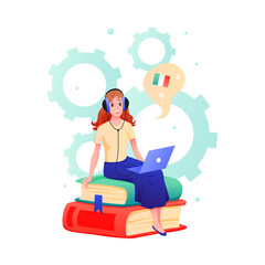 Young woman learns foreign language in online course or school vector illustration. Cartoon teen student characters in headphones sitting on piles of books, learning Italian and French isolated on