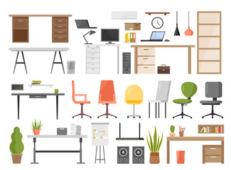 Office furniture vector illustration set isolated on white. Cartoon ergonomic furnishing objects for modern interior design collection with chair and manager table with laptop, hanging lamp, bookcase.