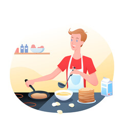 Young man is cooking pancakes in kitchen, morning time, pancakes for breakfast. Happy guy cooks pancakes, cartoon flat illustration.