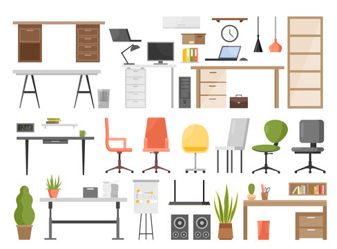 Office furniture vector illustration set isolated on white. Cartoon ergonomic furnishing objects for modern interior design collection with chair and manager table with laptop, hanging lamp, bookcase.