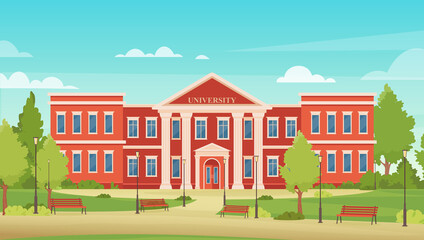 Cartoon urban cityscape with college campus facade or academy for students, entrance to library, high school or university architecture background. University campus city building vector illustration.