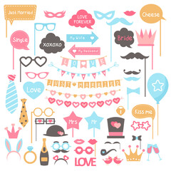 Cartoon photo booth props elements for wedding party collection with jewelry, champagne, glasses mustaches, funny text signs isolated on white, Wedding accessories photobooth vector illustration set.