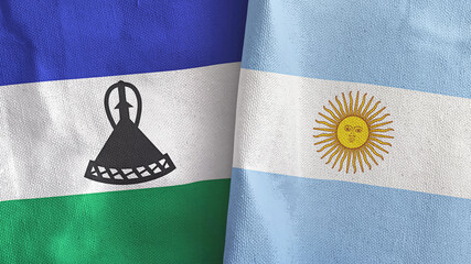 Argentina and Lesotho two flags textile cloth 3D rendering