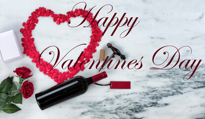 Happy Valentines Day with lots of romantic gifts on marble stone background including text