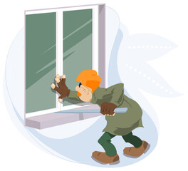 Cartoon thief is robbing house. Robber is stealing.