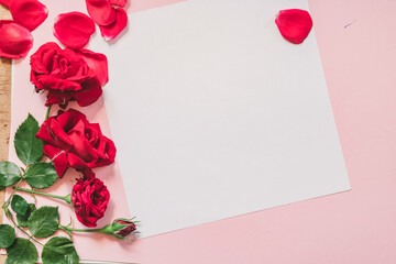 Valentine's Day. Frame made of rose flowers confetti on white background. Valentines day background. Flat lay, top view, copy space.