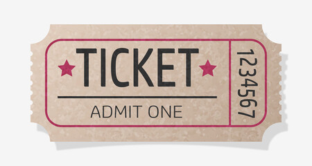 Cinema old type ticket isolated on a white background with shadow. Vector  illustration. Top view. Holiday illustration for postcard, banner, cards, decor, design, arts, advertising.