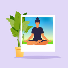 Woman meditating on nature background. Meditation concept. Woman sitting in lotus position practicing meditation. Vector illustration in flat style.