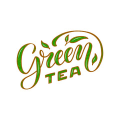 Naklejka premium Vector illustration of green tea brush lettering for package, banner, flyer, poster, bistro, café, shop signage, advertisement design. Handwritten text for template, sign, billboard, print 