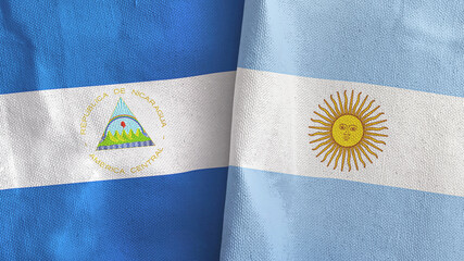Argentina and Nicaragua two flags textile cloth 3D rendering