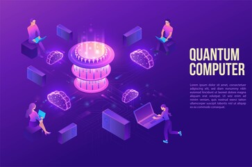 Quantum computer futuristic processor, chip with network, people work on laptop, isometric vector illustration, glowing purple design, innovation cloud computing technology - 397672145