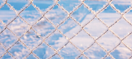 Winter background of frost-covered metal mesh in sunlight.