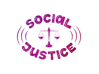 Vector illustration of social justice lettering with scales silhouette for banner, postcard, poster, clothes, advertisement, web design or decoration. Handwritten text for template, print
