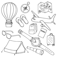 Hand drawn set of outline travel items on white background. Vector illustration.