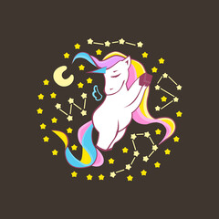 Cute Unicorn, funny unicorn surrounded by stars and constellations, illustration of character design, can be used for T-shirt prints