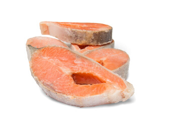 Frozen fresh atlantic salmon steaks isolated on white background. Healthy food concept. Isolate. Side view. Copyspace