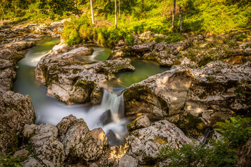Beautiful Mostnica gorge with green water near Bohinj, Slovenia.