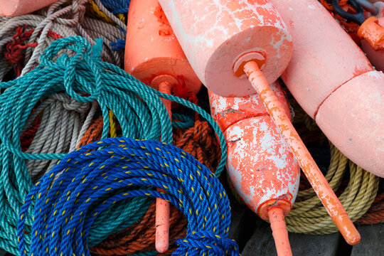 colorful bouys and ropes for fishing, near Bar Harbour Maine