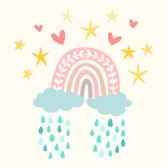  Vector illustration of hand drawn cute rainbow with raindrops, hearts and stars. Simple design for child textile, decoration, wallpaper, stationery. © Anna