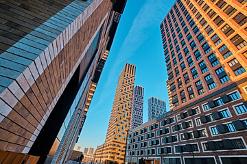 Naklejka premium Skyscrapers against blue sky in downtown Moscow Russia. color