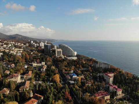Aerial view of a residential area near the Black Sea. Sochi landscape.