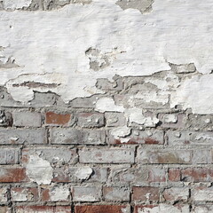 Red White Brickwork Background, Old Weathered Wall, Grungy Grey Brick Covered With Plaster And Cement. Rough Plaster Old Material. Square Image For Social Media Post.