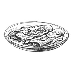 Enchilada in plate - mexican traditional food. Vector vintage hatching