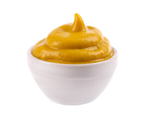 Mustard sauce in bowl, isolated on white background. Honey mustard salad dressing.