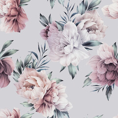 Seamless floral pattern with peonies flowers on summer background, watercolor illustration. Template design for textiles, interior, clothes, wallpaper - 397677132