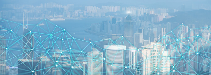 Modern City skyline Digital Wireless network internet technology. Communication concept.