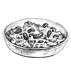 Chili con carne in bowl - mexican traditional food. Vector vintage hatching